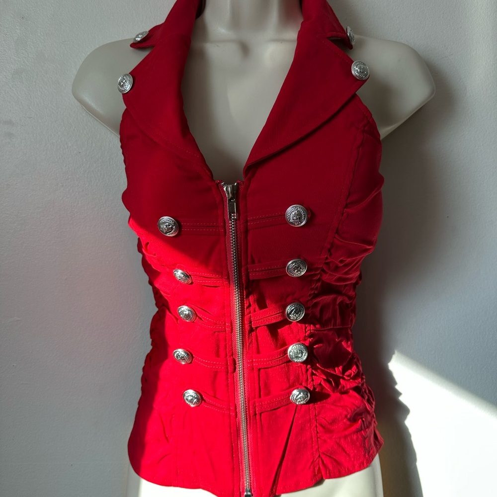 Red Sleeveless Zipper Vest with Silver Buttons